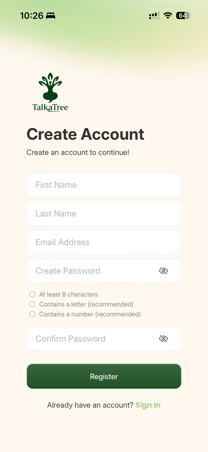 TalkaTree account registration screen in English