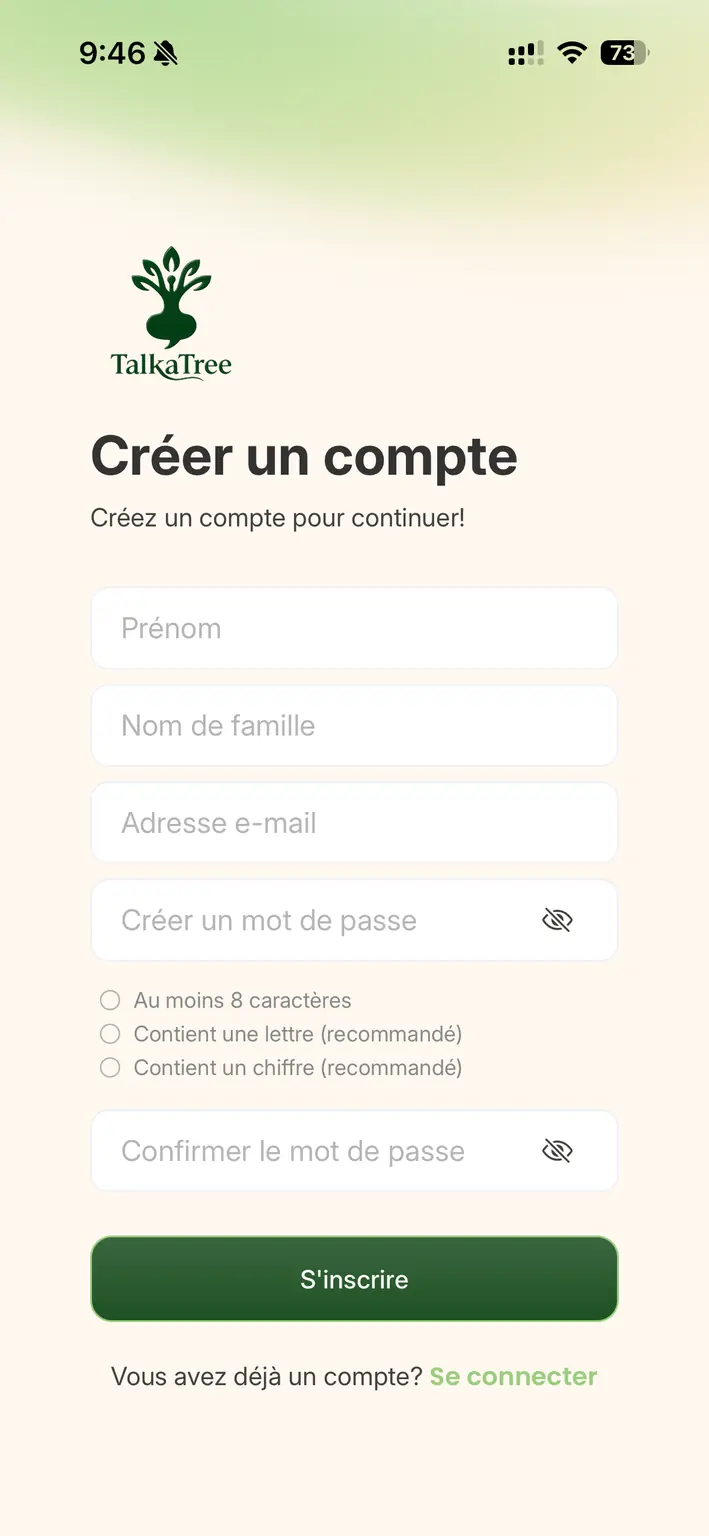 Écran d’inscription à TalkaTree en français