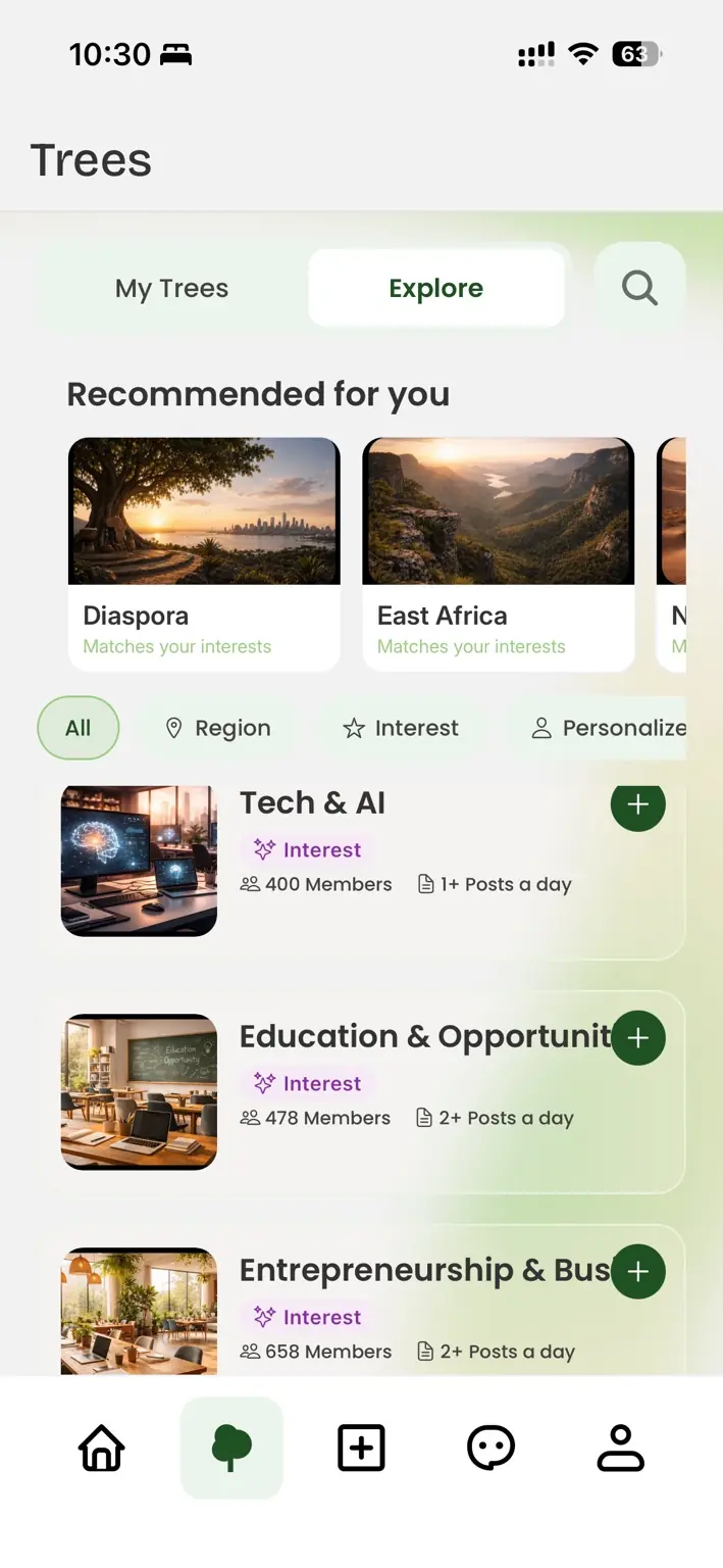 TalkaTree community discovery screen in English